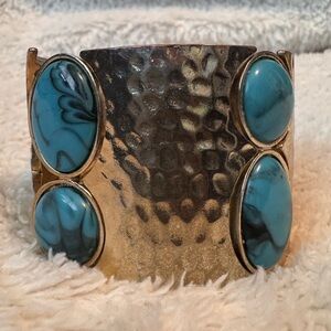 Turquoise Stone Gold-Tone Hammered Cuff Bracelet